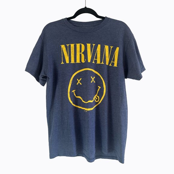 Nirvana Band T-Shirt Sz L Blue Classic Smiley Face Kurt Cobain Rock Band Grunge - Picture 6 of 6